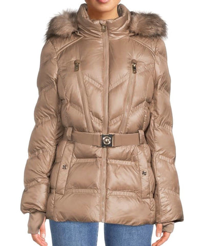 Michael Michael Kors Women's Faux Fur Hooded Shiny Puffer Belted Coat Jacket Taupe (as1, alpha, s, regular, regular)