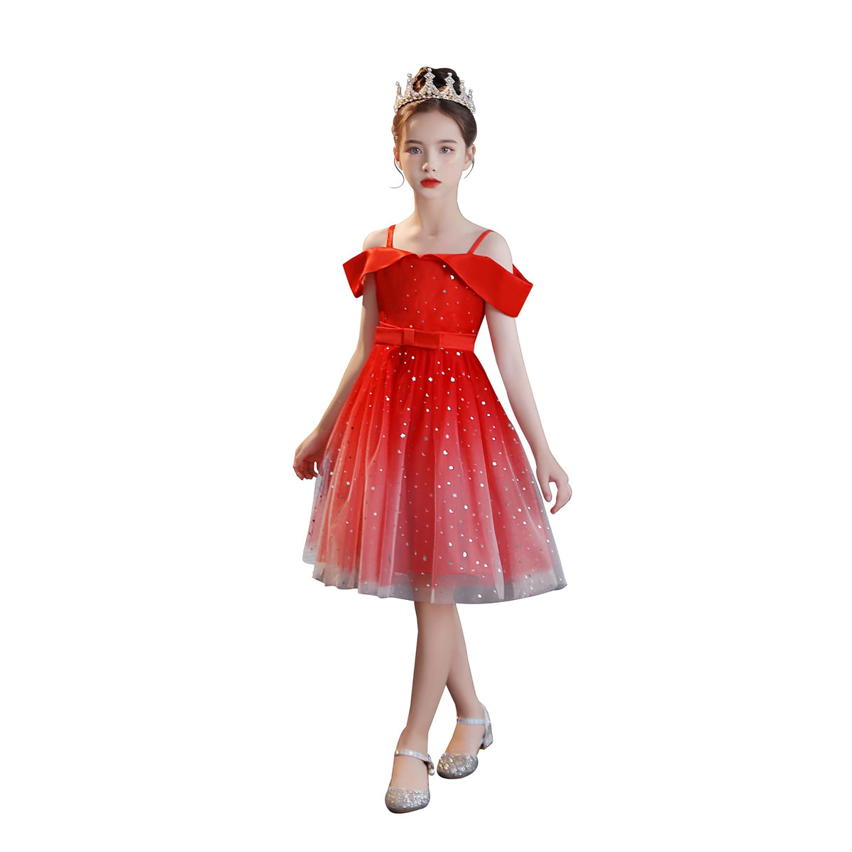 Girls Dresses Princess Tutu Dress for Girl Kids Birthday Party Starry Tulle Dance Outfit Red 6-7 Years
