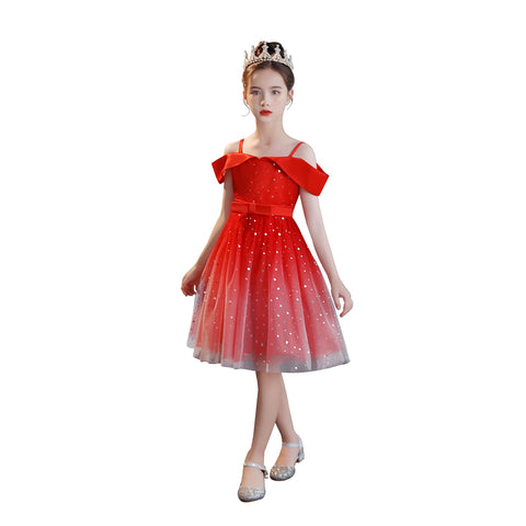 Girls Dresses Princess Tutu Dress for Girl Kids Birthday Party Starry Tulle Dance Outfit Red 6-7 Years