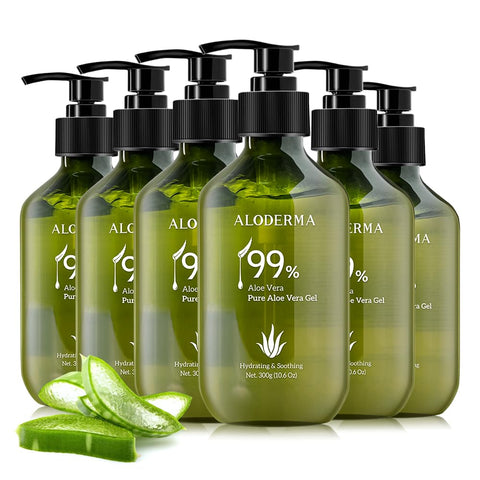 Aloderma 99% Organic Aloe Vera Gel Made within 12 Hours of Harvest - Pump Bottle - Lightweight Aloe Gel for Face and Body, Soothing and Hydrating Sunburn Relief, Great for Scalp & Hair - 6 x 10.6oz