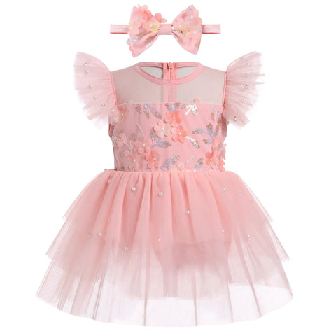 FYMNSI Baby Girls First Birthday Outfit, Newborn Infant Cake Smash Princess Tulle Tutu Romper Dress Toddler Kids 1st One Year Old Party Photoshooting Summer Pageant Wedding Clothes Pink 12-18 Months