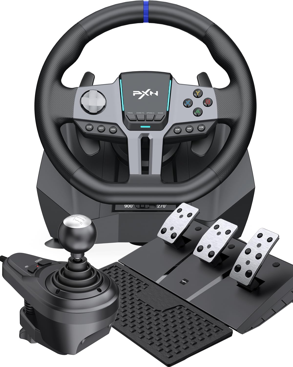 PXN V9 Gen2 Gaming Steering Wheel with Pedals and Shifter - 270°|900° Racing Wheel, Vibration Feedback, Hall Effect Pedal, Paddle Shifters, Tools APP - Steering Wheel for PC, PS3, PS4, Xbox