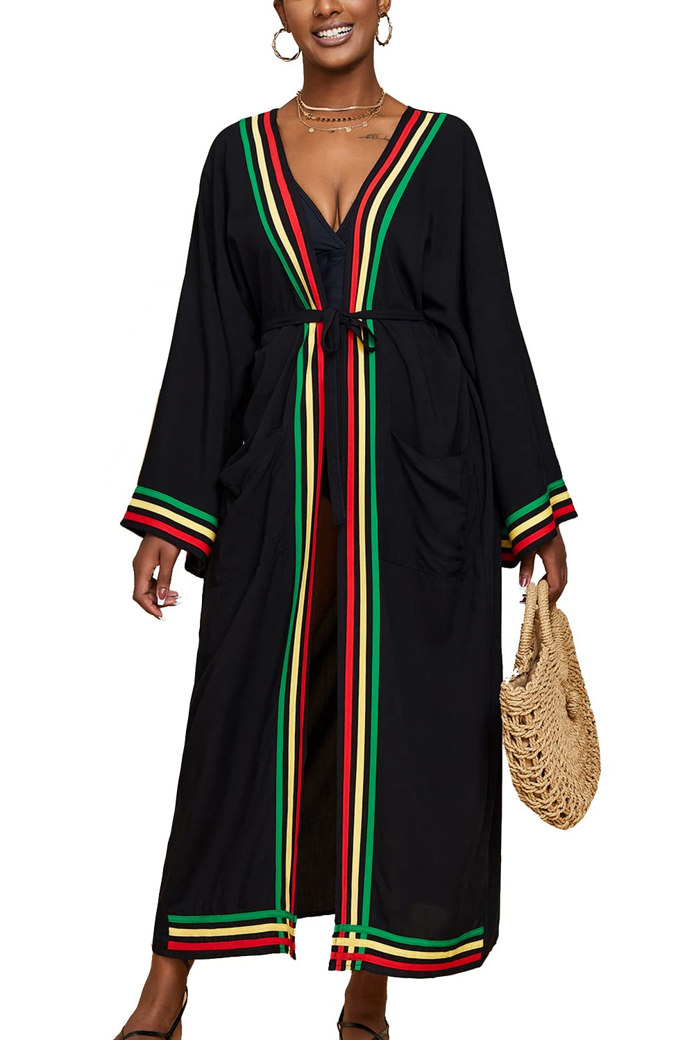 YouKD Women's Summer Cardigan Maxi Boho Dress Beach Coverup Robe Long Kimono One Size D Black