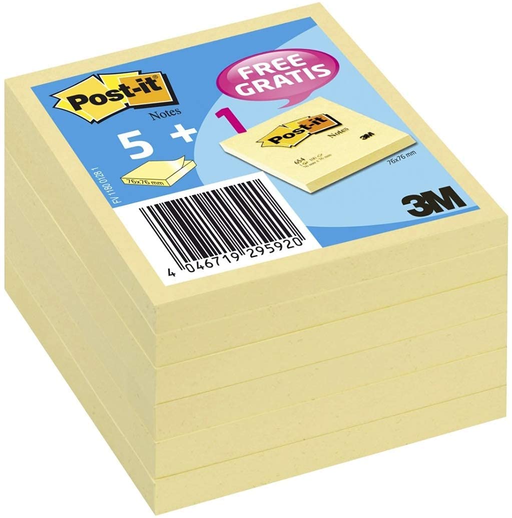 Post-it Notes Canary Yellow,Value Pack, Pack of 5 + 1 Free Pads, 100 Sheets per Pad, 76 mm x 76 mm, Yellow Color - Self-stick Notes For Note Taking, To Do Lists & Reminders