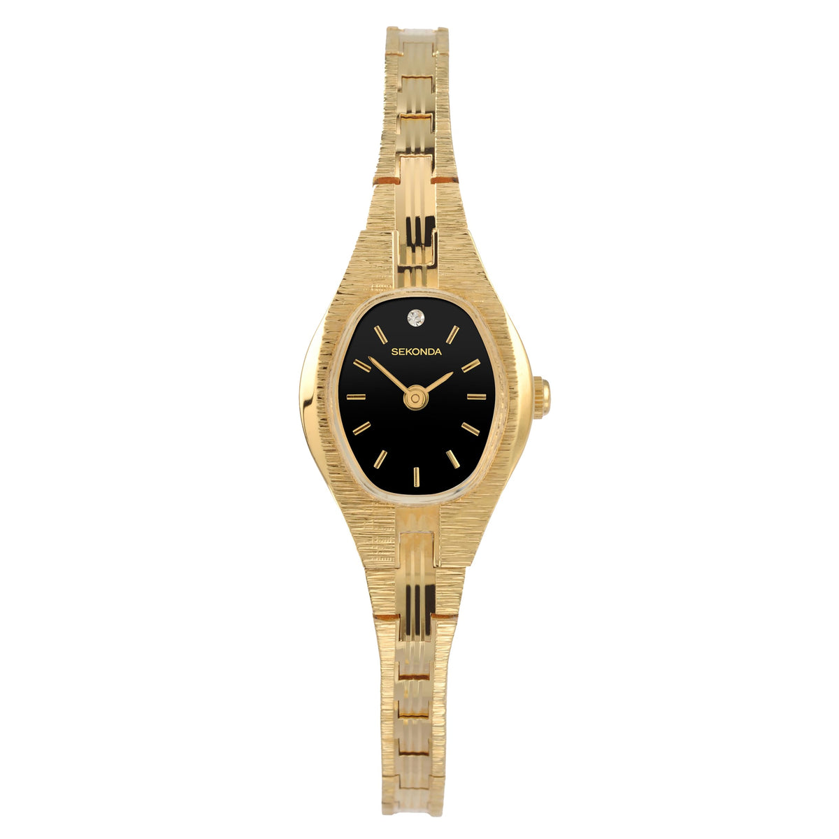 Sekonda Evelyn 22mm Womenâ€™s Gold Analogue Classic Quartz Cocktail Watch with Black Stone Set Dial Mineral Glass and Stainless Steel Strap