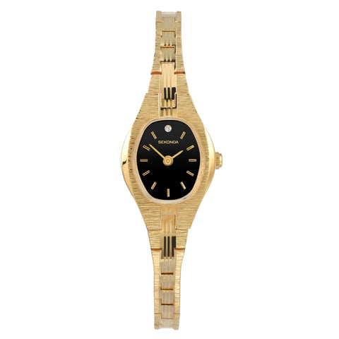 Sekonda Evelyn 22mm Womenâ€™s Gold Analogue Classic Quartz Cocktail Watch with Black Stone Set Dial Mineral Glass and Stainless Steel Strap