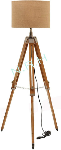 Nautical Wooden Tripod Floor Lamp Natural Finish Adjustable Height Home Decor Tripod (Without Shade)