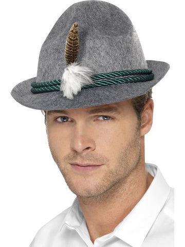 Smiffys German Trenker Hat with Feather, Grey Green Braiding, Oktoberfest Fancy Dress, Adult Dress Up Hats