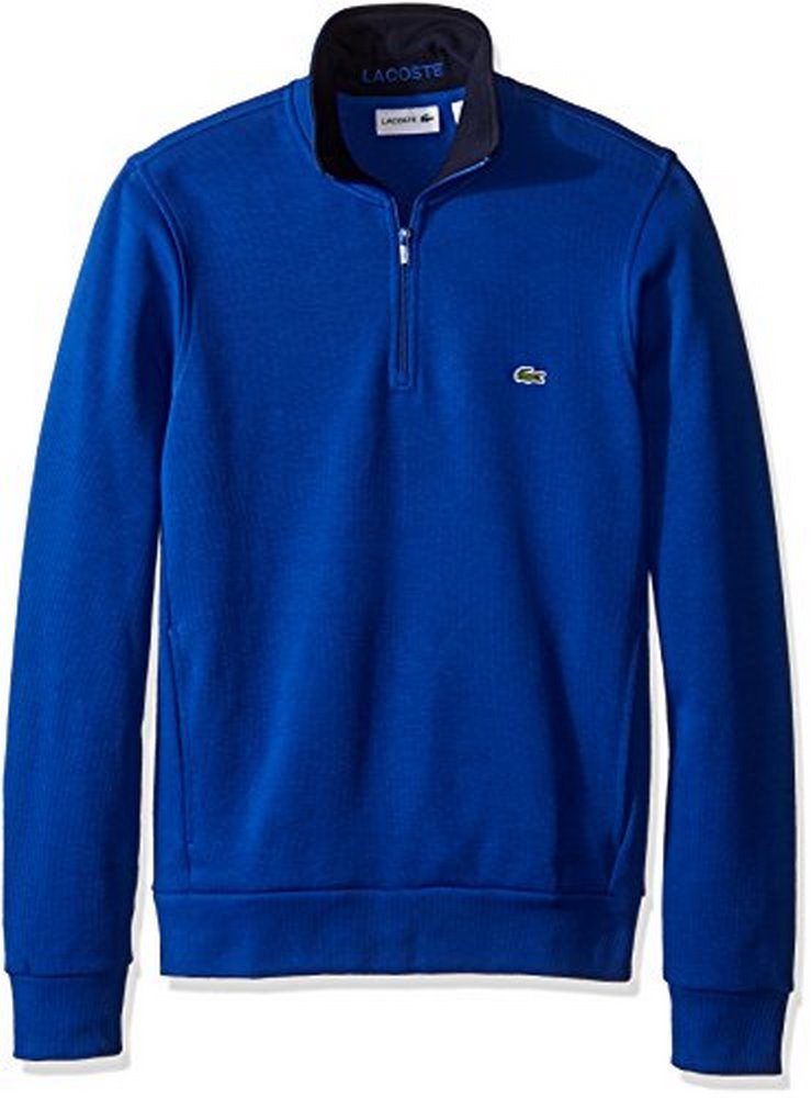 Lacoste Men's Half Zip Lightweight Interlock Sweatshirt, SH1462-51, Steamer/Navy Blue, Large