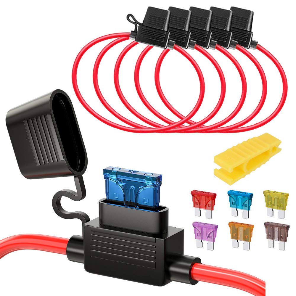 Gebildet 5pcs 32V 20A Waterproof Fuse Holder, 16AWG ATO Blade Fuse Holder In-Line with a Cap, Standard Plug Socket with 6pcs Medium Blade Fuse