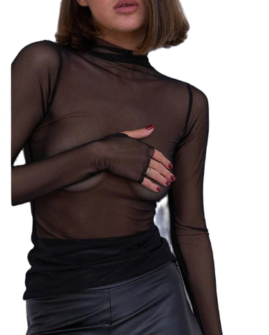 Sheer Mesh Long Sleeve Layering Top for Women Mock Neck Floral Lace Tshirt See Through Tee Shirt Blouse, Mesh Solid Black, L