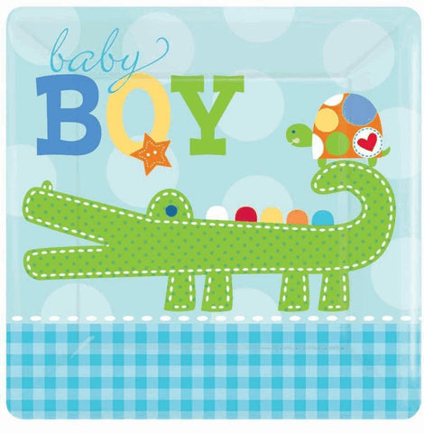 Amscan Adorable Ahoy Baby Boy Square Dessert Party Plates, 7", Blue