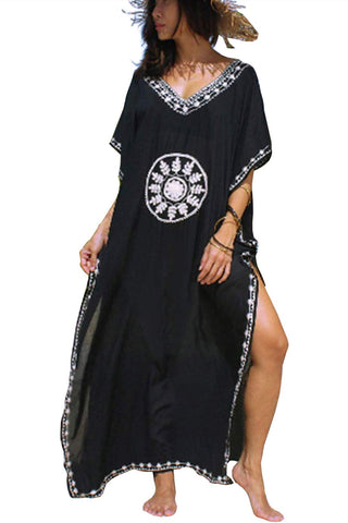 YouKD Summer Cotton Embroidered Floral Loose Caftan Boho Beach Bikini Cover Up Dress Plus Size Robe for Women Black White
