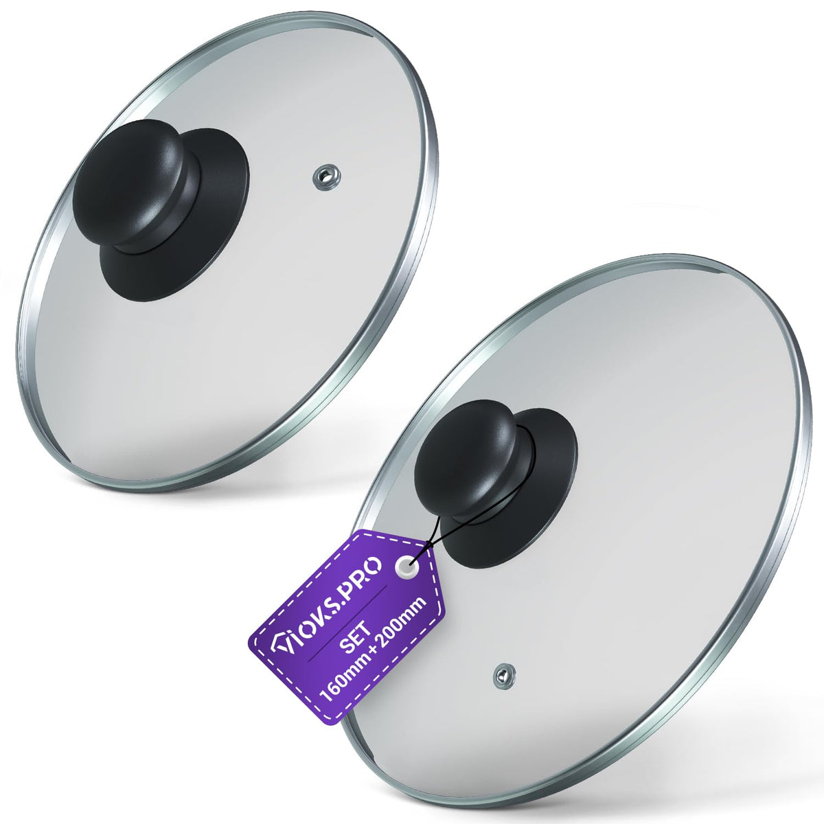 Vi?ks.pro Universal Pan Lid Set of Pot Lid 16 cm and Glass Lid 20 cm with Plastic Button Handle and Stainless Steel Protective Rim - 2 x Universal Lid Pan Heat Resistant with Steam Vent
