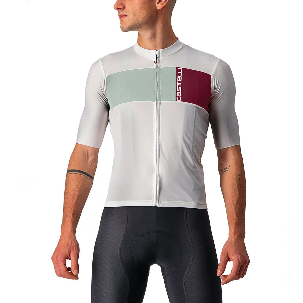 Castelli Menâ€™s Prologo 7 Jersey, UV Sun Protection, Zip Up Quarter Length Sleeve Jersey for Road and Gravel Biking l Cycling - Silver Gray/Defender Green-Bordeaux - Small