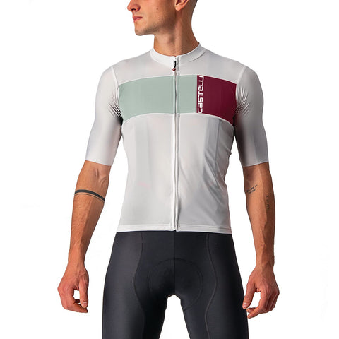 Castelli Menâ€™s Prologo 7 Jersey, UV Sun Protection, Zip Up Quarter Length Sleeve Jersey for Road and Gravel Biking l Cycling - Silver Gray/Defender Green-Bordeaux - Small