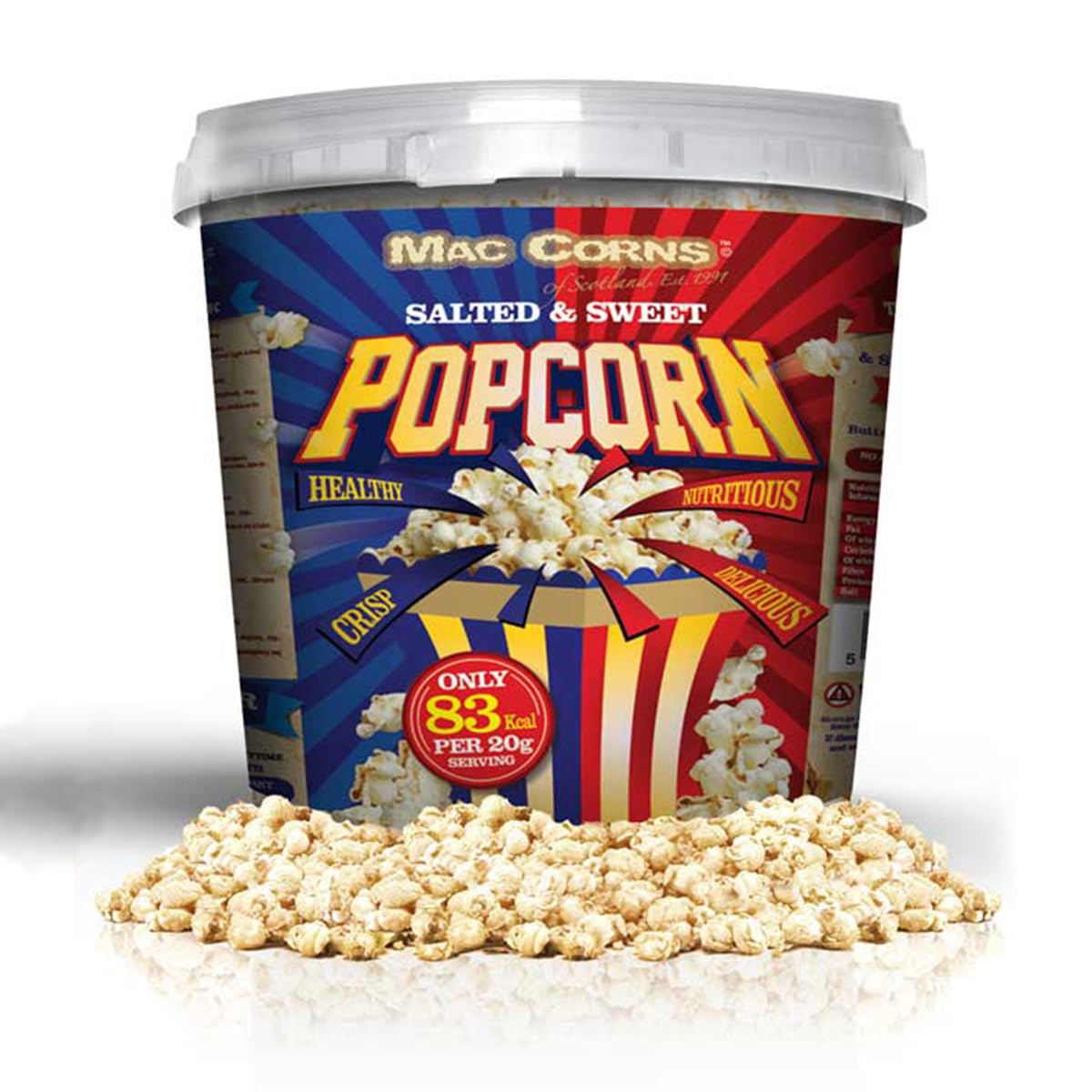 MacCorns Salted & Sweet Popcorn Mix ~ 500g ~ 10ltr Mega Bucket ~ Traditionally Popped, Free From Gluten, Nuts, Sesame, Dairy, GM & Allergens