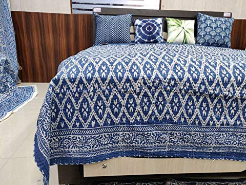 Traditional Jaipur Indigo Blue Hand Block Print Kantha Work Quilt Jaipuri Razai, Couple Use Blanket Bedroom Bedspread Quilt Machine Worked Bedding Quilt 90x108 Inches