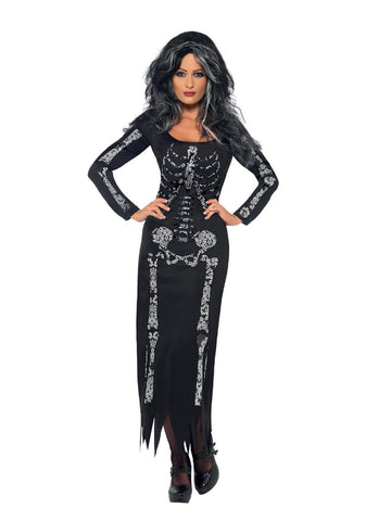 Smiffys Tube Dress with Long Sleeves Skeleton Costume (Black), Size XL
