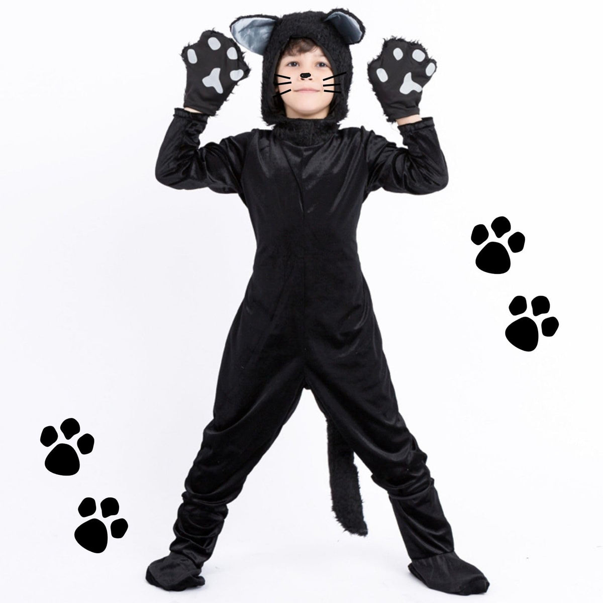 maxToonrain Black Cat Costumes for Kids 3-12 Yrs, Animal Onesie with Hood, Gloves, Foot Covers Halloween Fancy Dress for World Book Day/Book Week, Christmas Theme Party (6-8Y,Medium)