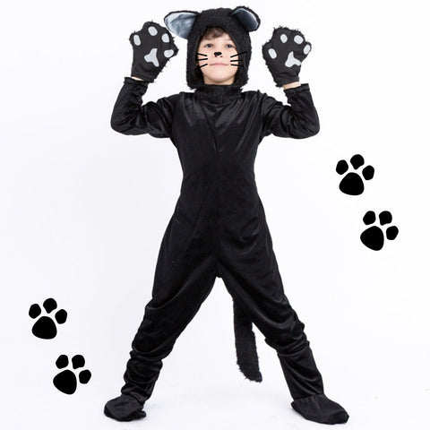 maxToonrain Black Cat Costumes for Kids 3-12 Yrs, Animal Onesie with Hood, Gloves, Foot Covers Halloween Fancy Dress for World Book Day/Book Week, Christmas Theme Party (6-8Y,Medium)