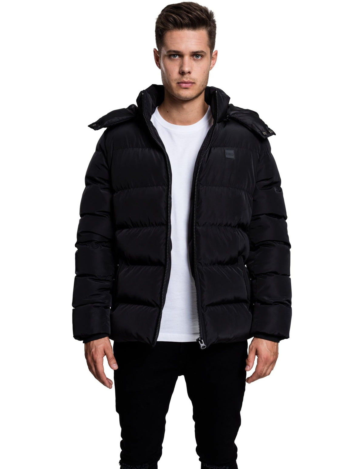 Urban Classics Men's Hooded Puffer Quilted Interior Padded Jacket with Elasticated Cuffs, High Neck Zipper, Removable Hoodie, Black, L