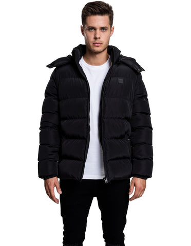 Urban Classics Men's Hooded Puffer Quilted Interior Padded Jacket with Elasticated Cuffs, High Neck Zipper, Removable Hoodie, Black, L