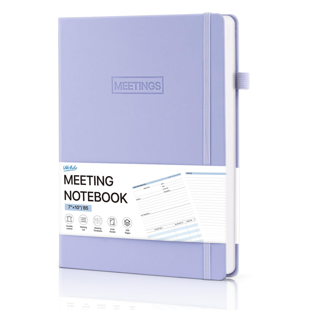 WEMATE Meeting Notebook for Work, Work Planner Notebook With Action Items, Easily Take Meeting Notes & Keep Agendas on Track, Calender, Index Page, Inner Pocket, 7Ã—10 Inch, Purple
