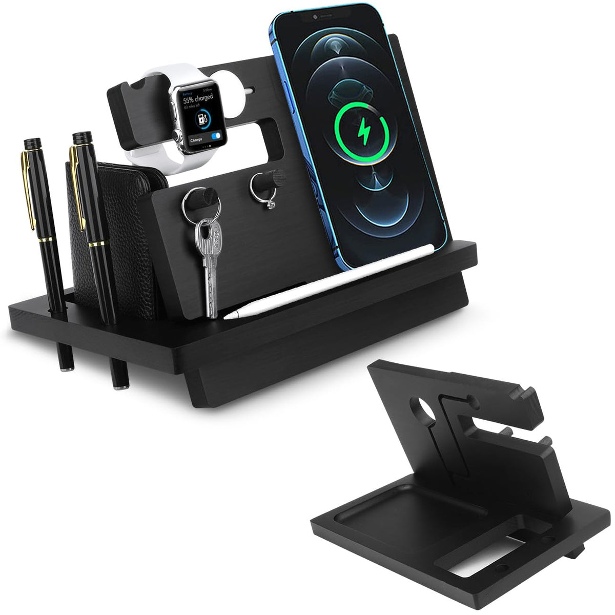 Gocokia Charging Stand Wooden Phone Watch Docking Station Wallet Stand Key Holder Intelligent Desk Organization Birthday/Father's Day Gift/Valentine Gift
