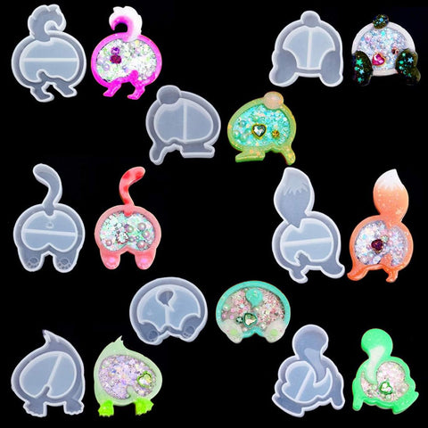 FineInno 8Pcs Kawaii Resin Shaker Mold Silicone Moulds Geometric Quicksand Pendant Mold Resin Casting Mould Epoxy Jewelry with Cat Corgi Fox Duck Butt