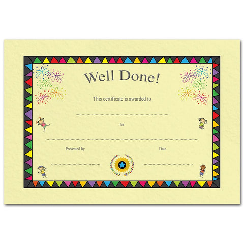 Kids Well Done Yellow Certificate - 25 Pack - Special Award Achievement Recognition - Blank Fill-in Cards - School Children Sports Beaver Brownie Cub Scout - A5 Size - Eco-Friendly - UK Made