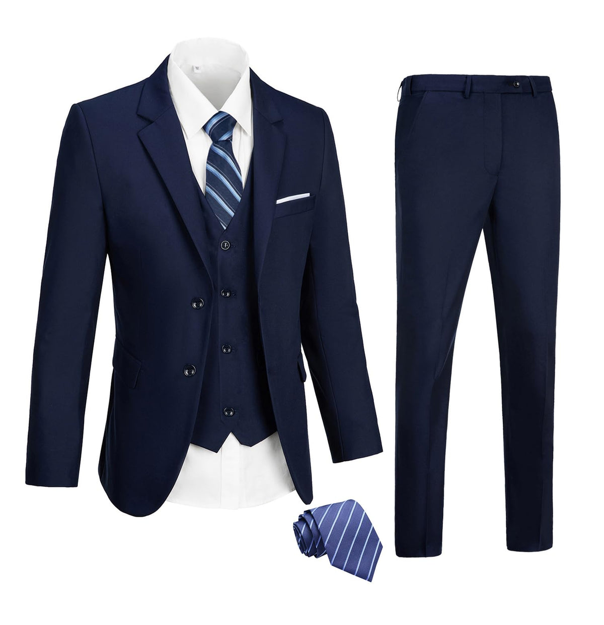 DOISPON MenÃ¢â‚¬â„¢s Slim Fit Suit Two Button 3-Piece Suits Solid Notch Lapel Tuxedo for Wedding Prom Party Navy Blue Large
