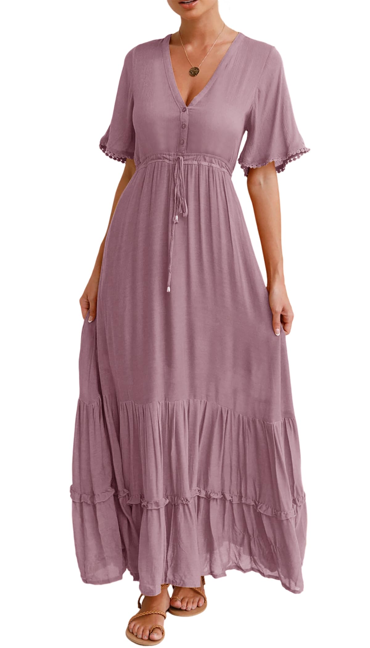 R.Vivimos Women's Summer Boho V Neck Button Up Short Sleeve Bohemian Print Ruffle Hem Beach Style Long Maxi Dress Vacation Dress(Large,Mauve)