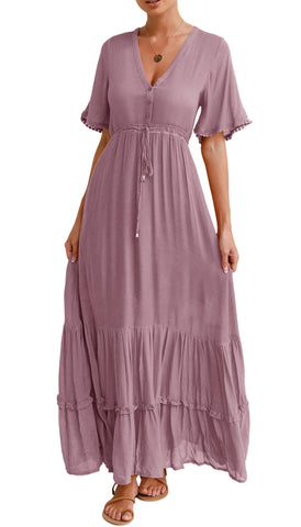 R.Vivimos Women's Summer Boho V Neck Button Up Short Sleeve Bohemian Print Ruffle Hem Beach Style Long Maxi Dress Vacation Dress(Large,Mauve)