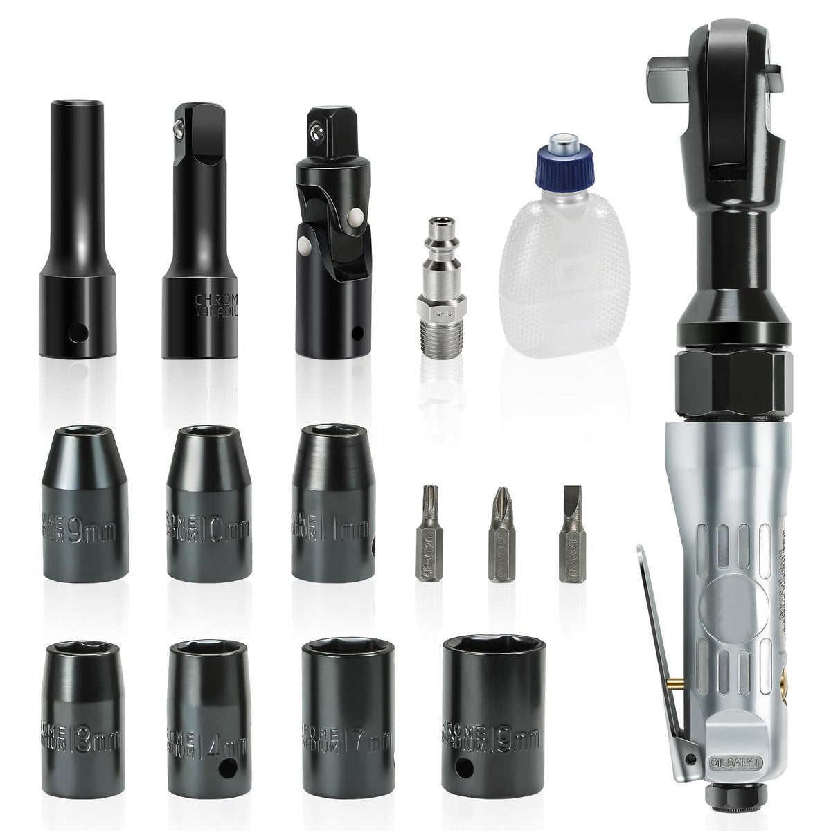 17PCS 1/2" Air Ratchet Wrench Kit Set Heavy-Duty Aluminum Body, 50 ft-lb Max Torque, 160 RPM Speed, Versatile Pneumatic Sockets