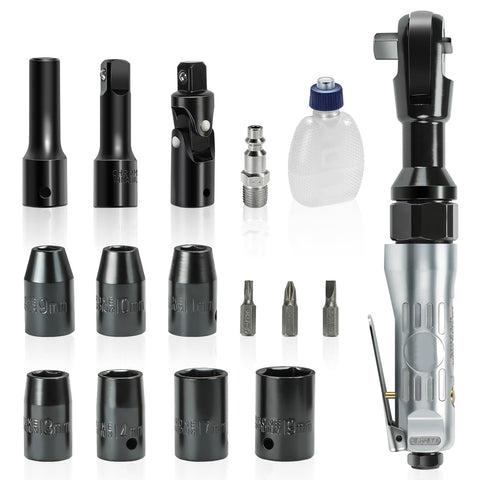 17PCS 1/2" Air Ratchet Wrench Kit Set Heavy-Duty Aluminum Body, 50 ft-lb Max Torque, 160 RPM Speed, Versatile Pneumatic Sockets