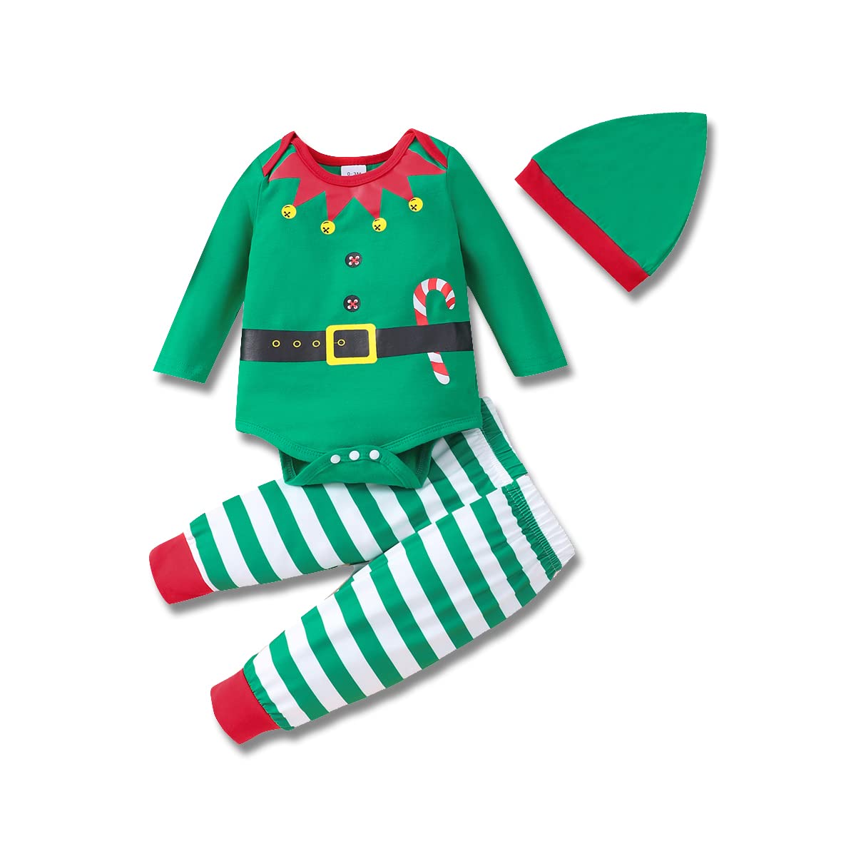 RETSUGO Newborn Elf Cloth Set for Baby Boys Girls Christmas Outfit Stripe Xmas Clothing Infant Christmas Clothes Sets My First Xmas Outfit Long Sleeve 3pcs Set 610 12-18 Months