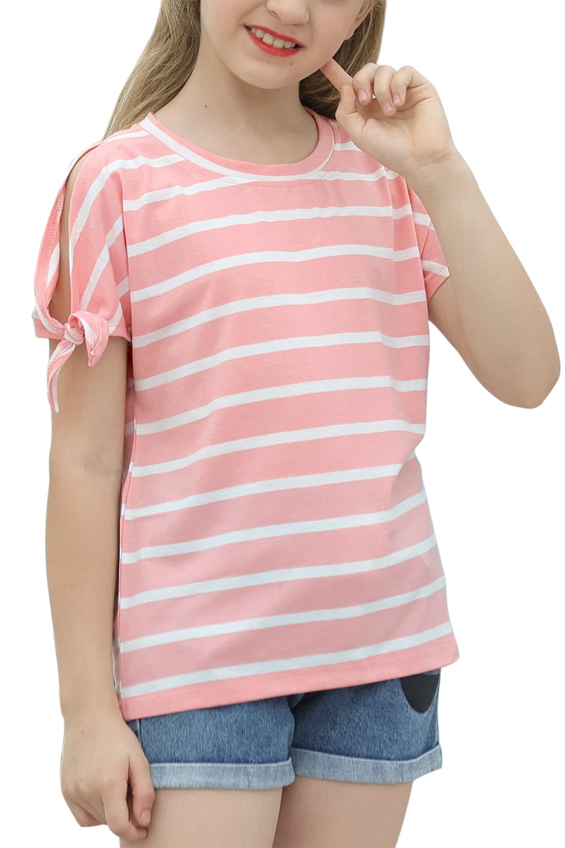 GORLYA Girl's Cut Slit Sleeve Tie Knot Cuff Stripe Tunic T-Shirt Casual Pullover Top for 4-14T Kids (GOR1049, 9-10Y, Pink Stripe)