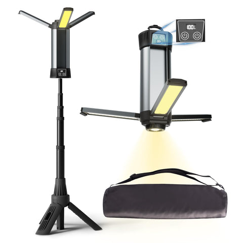 Mlogiroa Rechargeable LED Work Light with Stand - Cordless Work Light Kit 3 Page Head,500/1000/2000 Lumen 3500/6500K Dimmable 6AH Camping Light with Detachable Tripod,Hooks and Carrying Bag