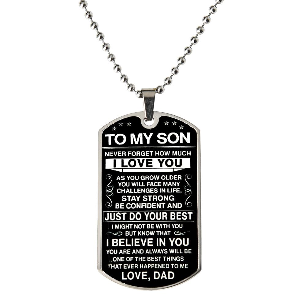 To My Son Necklace from Dad Sons Inspirational Dog Tag Necklace Gifts for Men Boys Birthday Graduation Gifts for Teen Boys Son I Love You Gifts from Dad Father and Son Resin Military Necklaces