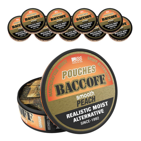 10 Cans, BaccOff Smooth Peach Pouches | Premium Tobacco Free, Nicotine Free Snuff