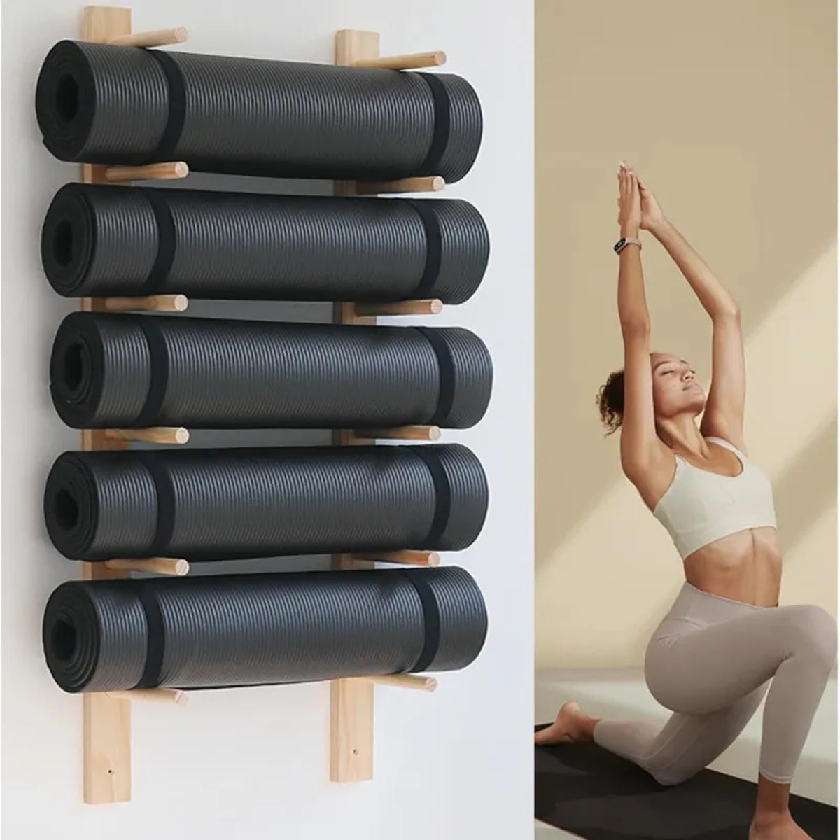 Wooden Yoga Mat Holder Wall Mount, Wall Rack Organizer for Foam Roller Wooden Wall Hanging Fitness Organizer for Home Gym School Office
