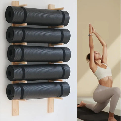 Wooden Yoga Mat Holder Wall Mount, Wall Rack Organizer for Foam Roller Wooden Wall Hanging Fitness Organizer for Home Gym School Office