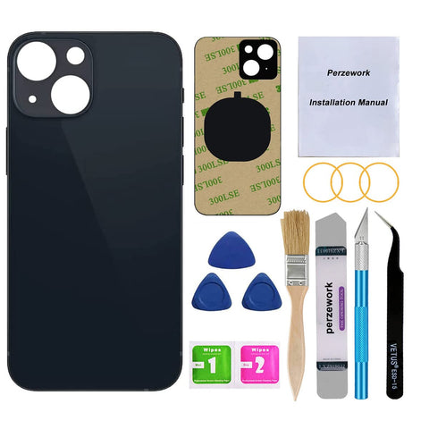 Perzework OEM Rear Back Glass Replacement (Black) Compatible with iPhone 13 6.1 inches All Carriers with Pre-Installed Adhesive and Repairing Tool Kits
