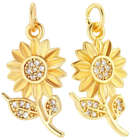 Beebeecraft 1 Box 12Pcs Sunflower Charms 18K Gold Plated Brass Flower Charms with Cubic Zirconia for Drop Dangle DIY Necklace Bracelet Jewelry Making