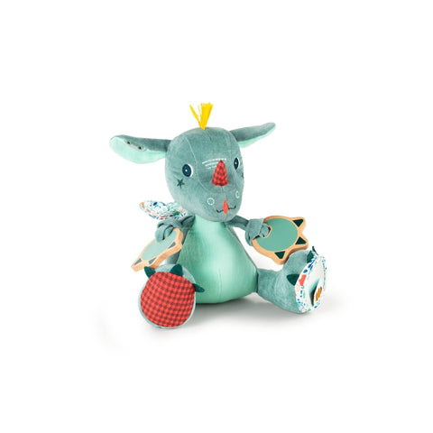 LILLIPUTIENS - Joe the Dragon Activity Rattle - Interactive Plush for Babies with Mirror, Bell, and Crinkling Paper - Stimulates Senses, Motor Skills, and Imagination - Educational Toy from 9 Months