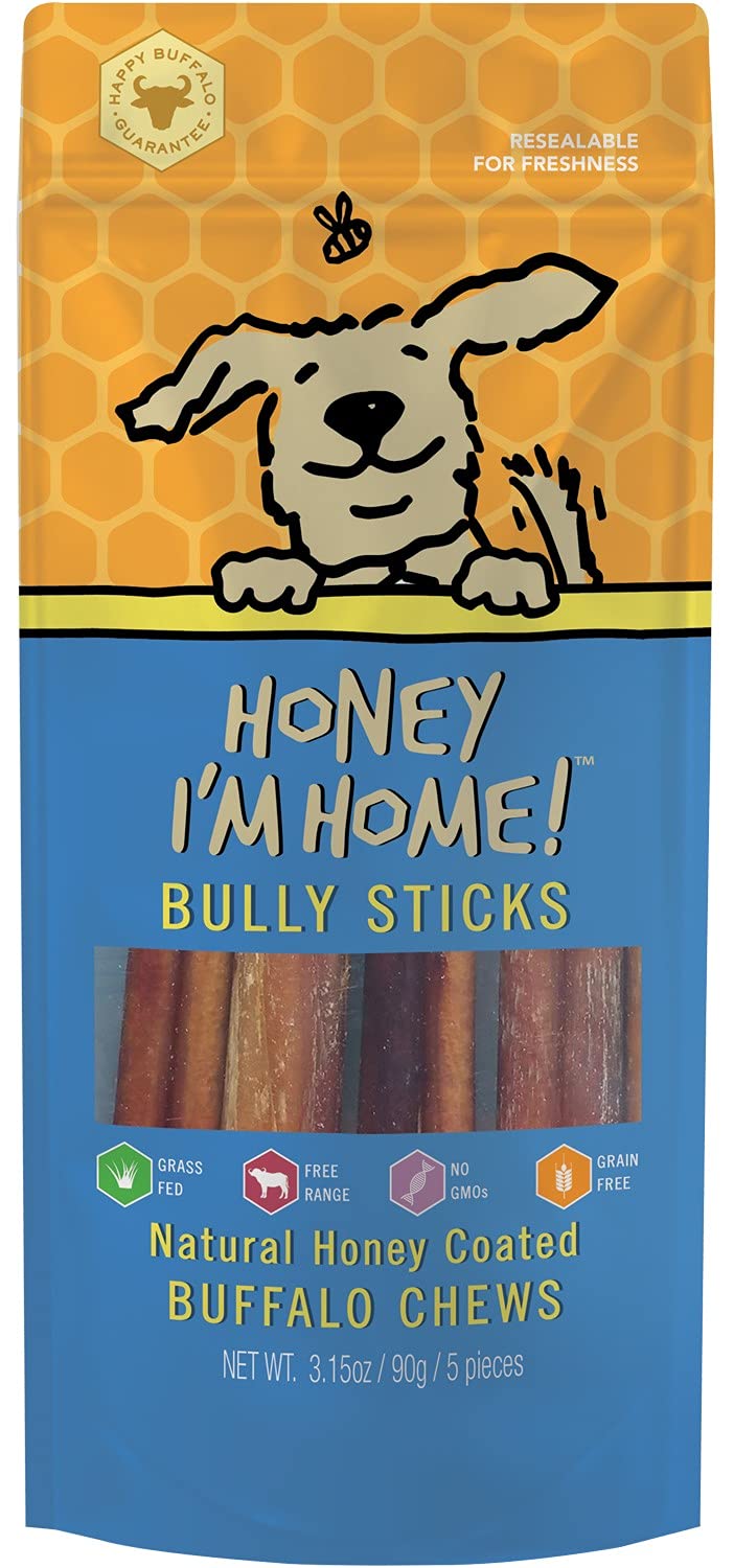 Honey I'm Home, Bully Sticks Buffalo Dog Chews, 6 Inches, 5 Pieces - All Natural, Free Range, Healthy, Grain Free, Honey Coated & Crispy