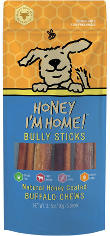 Honey I'm Home, Bully Sticks Buffalo Dog Chews, 6 Inches, 5 Pieces - All Natural, Free Range, Healthy, Grain Free, Honey Coated & Crispy