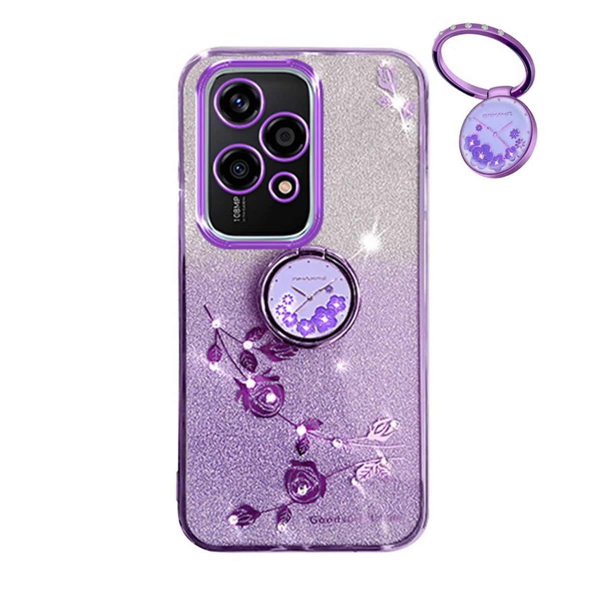 YUECXIN Glitter Case for Honor 200 Lite 5G, Bling Shiny diamond Sparkle Design Women Girls Cover, Ultra Thin Shockproof Flowers Ring Stand Soft Transparent Case, Purple
