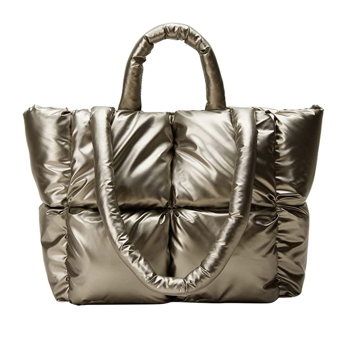 Women Large Quilted Puffer Tote Bag Soft Padded Down Winter Handbag Space Totes Puffer Shoulder Bag Pillow Shopper Bag, Bronze-m
